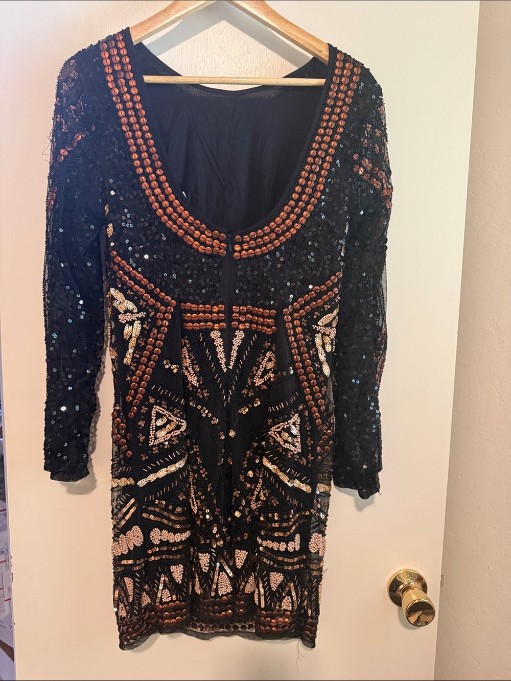 Black Sequin Beaded Long Sleeve Cocktail Dress - Picture 2 of 5